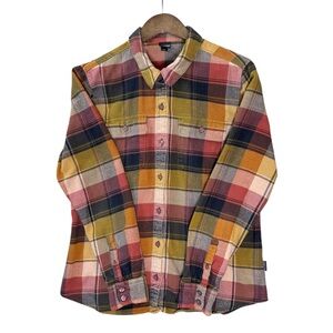 Patagonia Womens Fjord Flannel Shirt L Pink Button Up Plaid Long Sleeved Organic